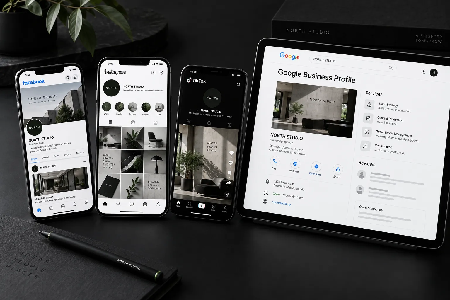 Concept mockups of Facebook, Instagram, TikTok and Google Business Profile, including review management
